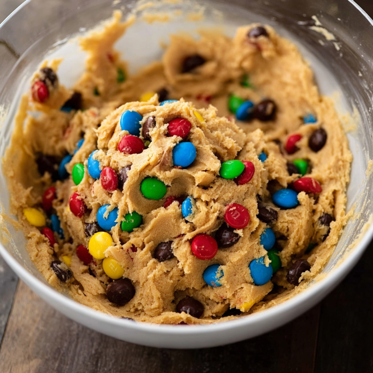 Soft Peanut Butter M&M Cookies Recipe 10 Peanut butter cookie dough mixed with vibrant M&M's, forming a colorful and chunky batter ready for baking.