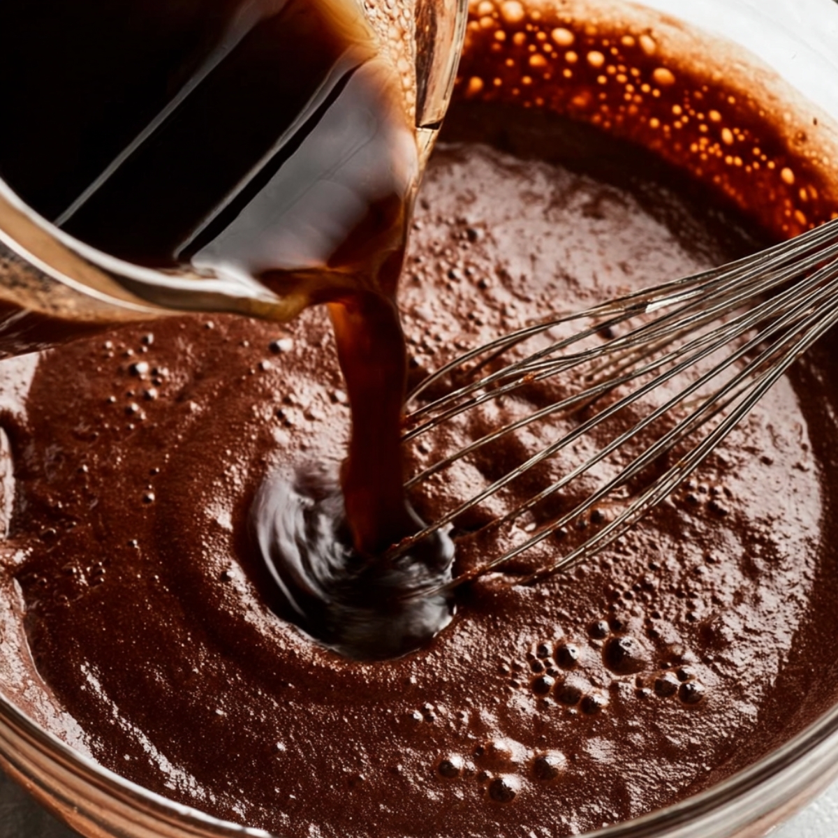 Moist Guinness Chocolate Cake Recipe 11 A stream of dark Guinness beer is being poured into a thick chocolate batter in a mixing bowl. A whisk is stirring the mixture, creating bubbles as the liquid combines with the batter.