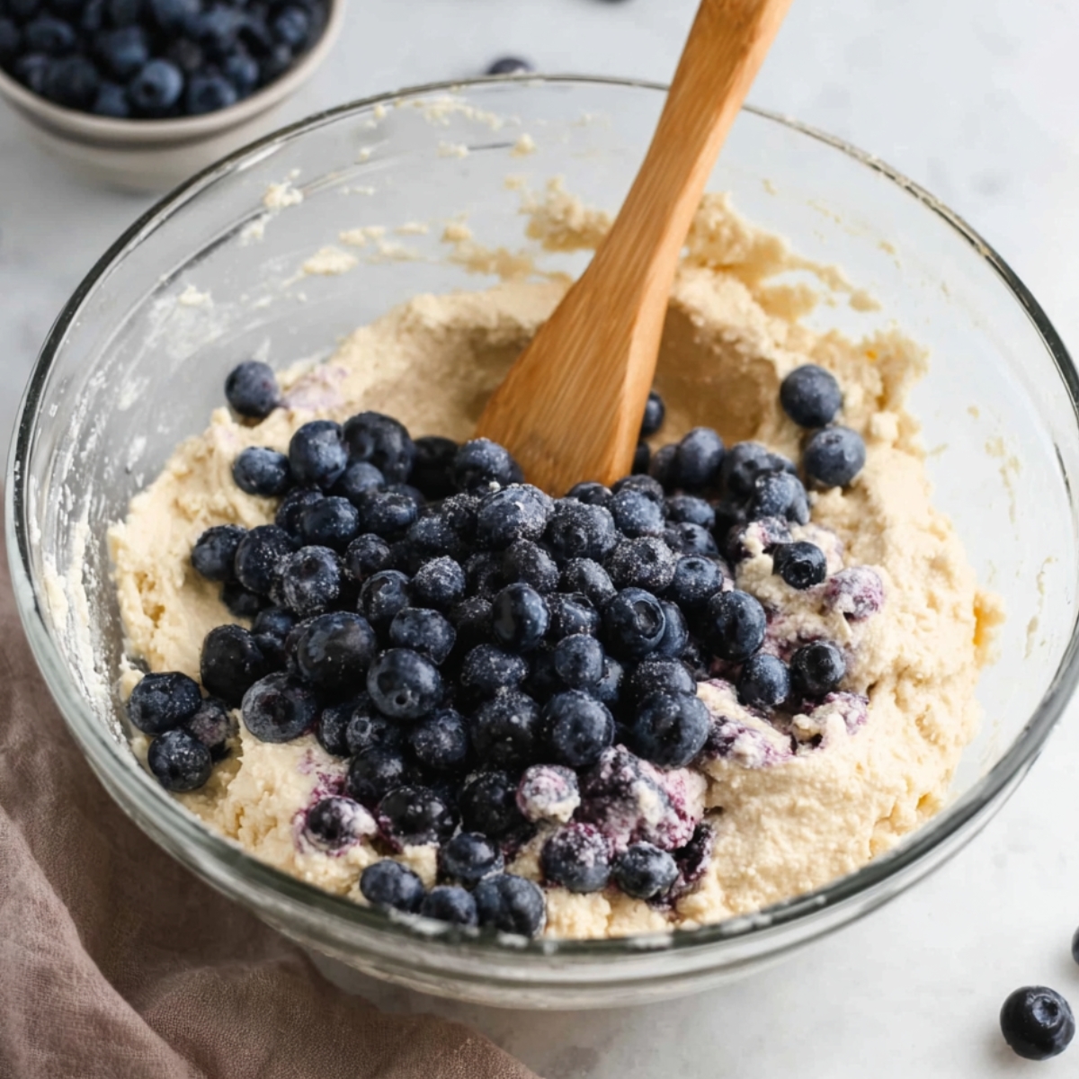 Easy Baked Blueberry Fritter Bites 10 Glass bowl filled with muffin batter, topped with fresh blueberries being gently folded in with a wooden spoon, preparing the mixture for baking.