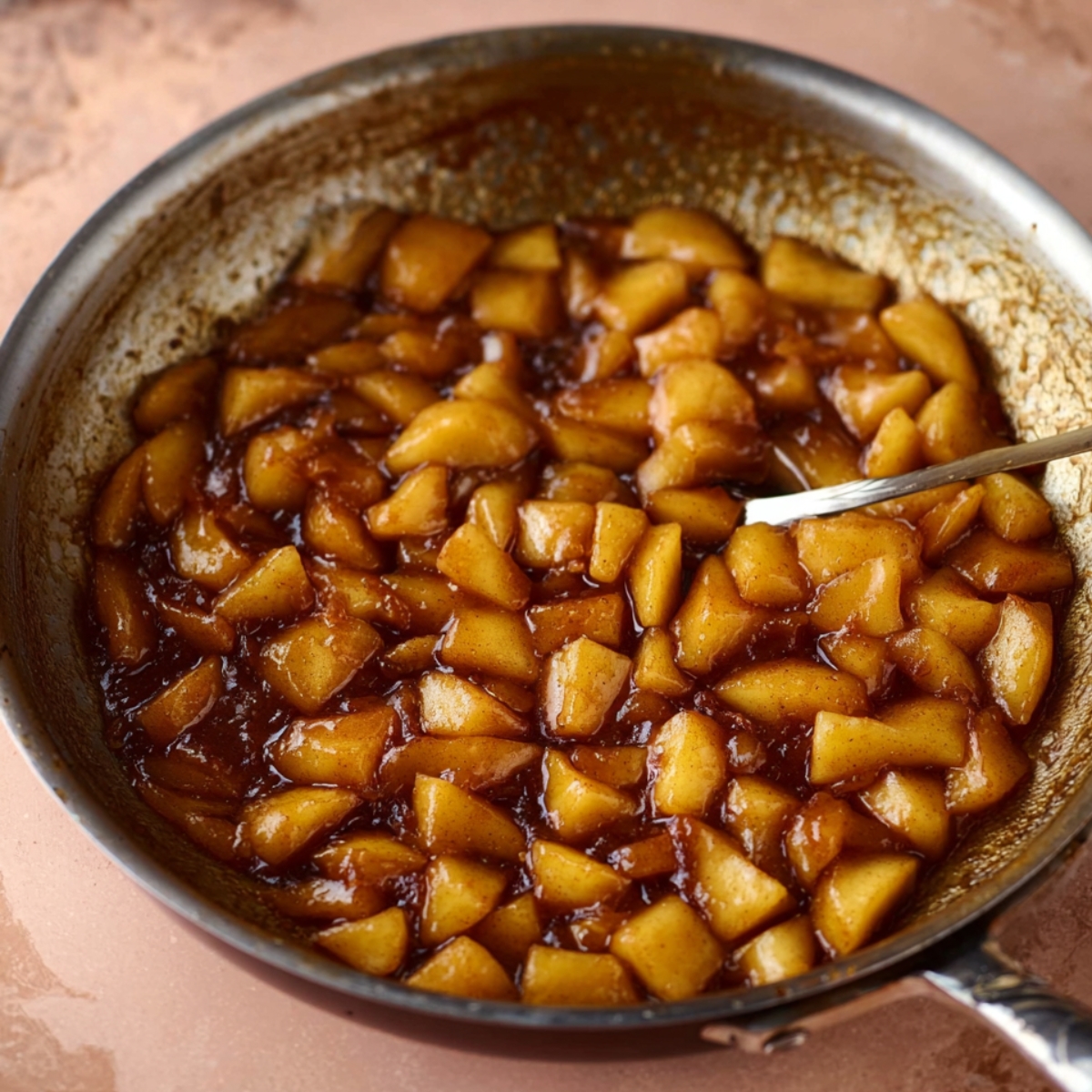 Easy Apple Cheesecake Buns Recipe 10 Sautéing chopped apples in a skillet with caramelized sugar and spices, creating a golden, syrupy topping.