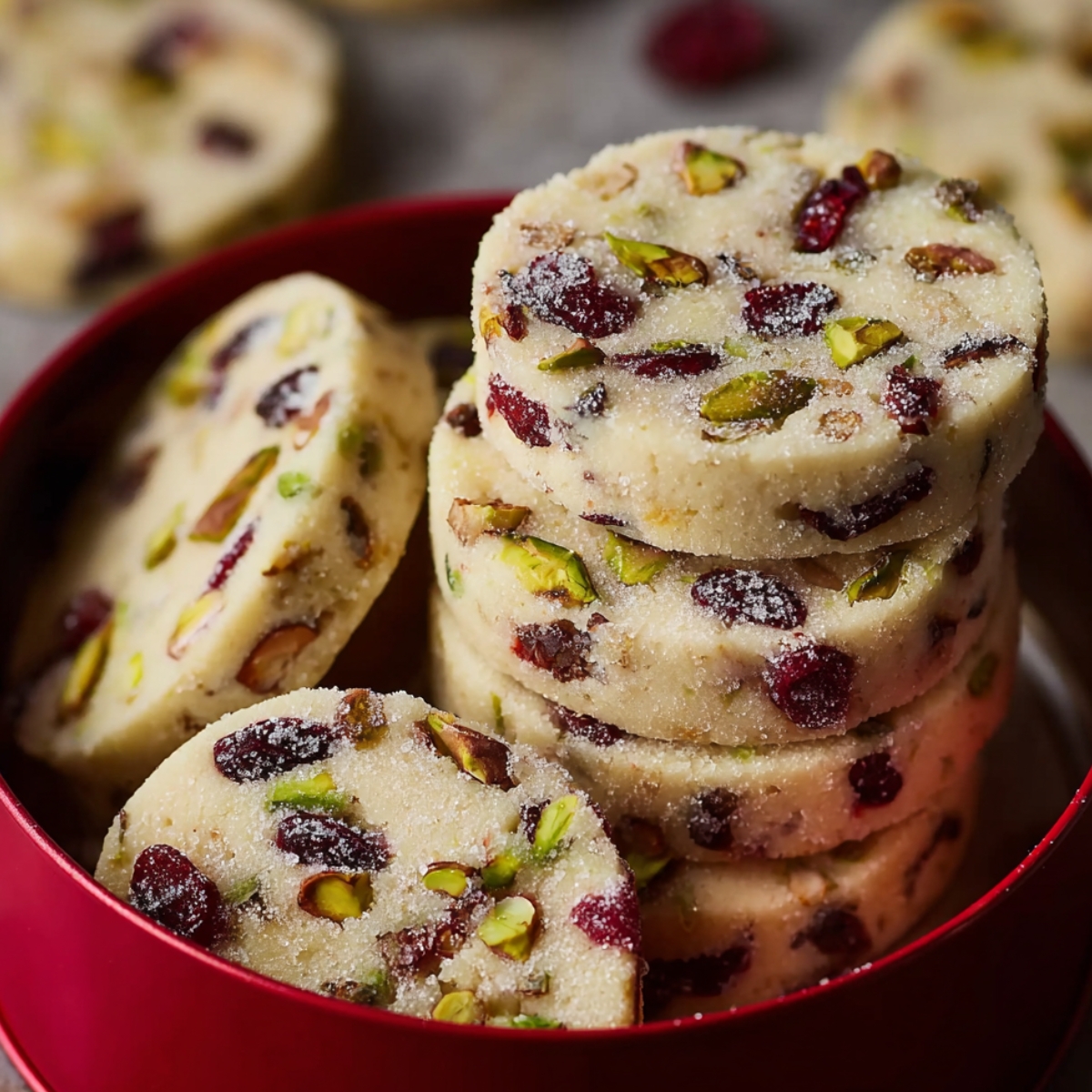 Cranberry Pistachio Shortbread Cookies 9 Stacked Cranberry Pistachio Shortbread Cookies with a sugar coating, arranged in a red container.