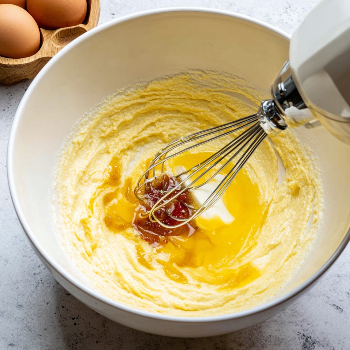 Delicious Strawberry Bundt Cake Recipe 10 Butter, eggs, and vanilla extract being added to a mixing bowl with creamed butter and sugar, with a hand mixer blending the ingredients.