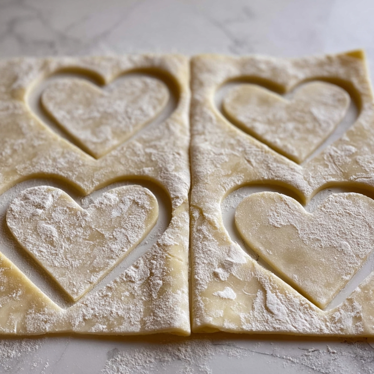 Easy Cheese Heart Danishes Recipe 11 Rolling out puff pastry dough and cutting heart-shaped pieces using a cookie cutter, ready for baking.