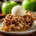 A warm slice of Dutch apple pie topped with a scoop of vanilla ice cream. The pie has a golden-brown streusel topping, and the juicy apple filling is visible inside.