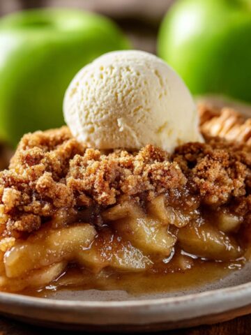 Easy Dutch Apple Pie Recipe 2 A warm slice of Dutch apple pie topped with a scoop of vanilla ice cream. The pie has a golden-brown streusel topping, and the juicy apple filling is visible inside.