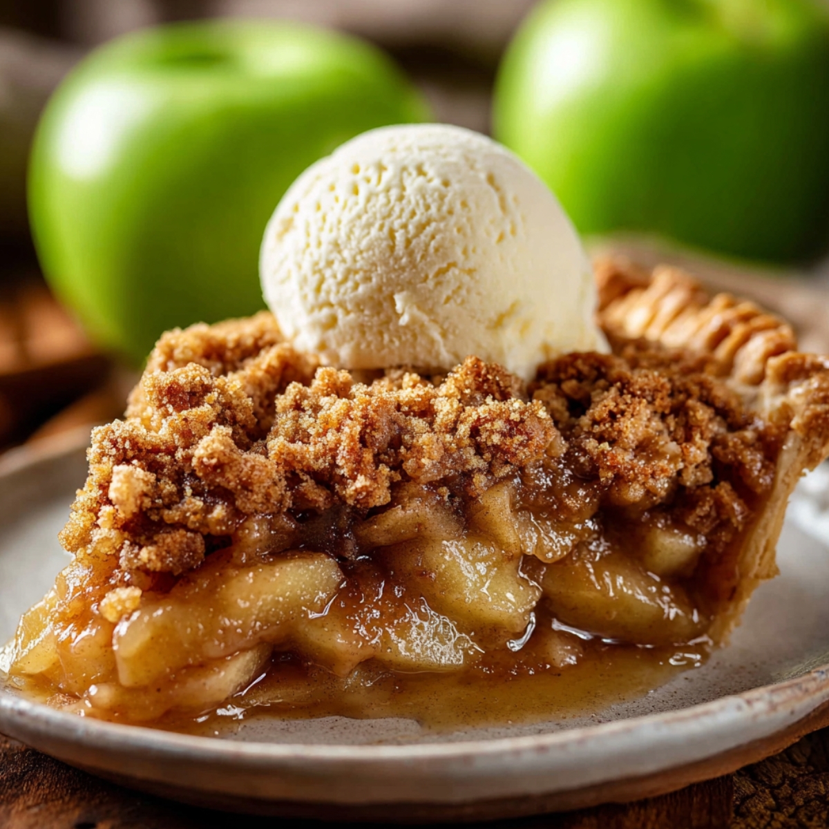 Easy Dutch Apple Pie Recipe 9 A warm slice of Dutch apple pie topped with a scoop of vanilla ice cream. The pie has a golden-brown streusel topping, and the juicy apple filling is visible inside.