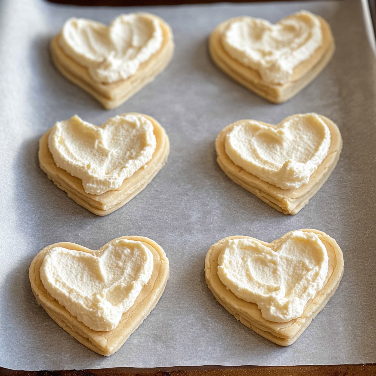 Easy Cheese Heart Danishes Recipe 12 Heart-shaped puff pastries topped with creamy filling, ready to be baked and filled with sweet cream or fruit.