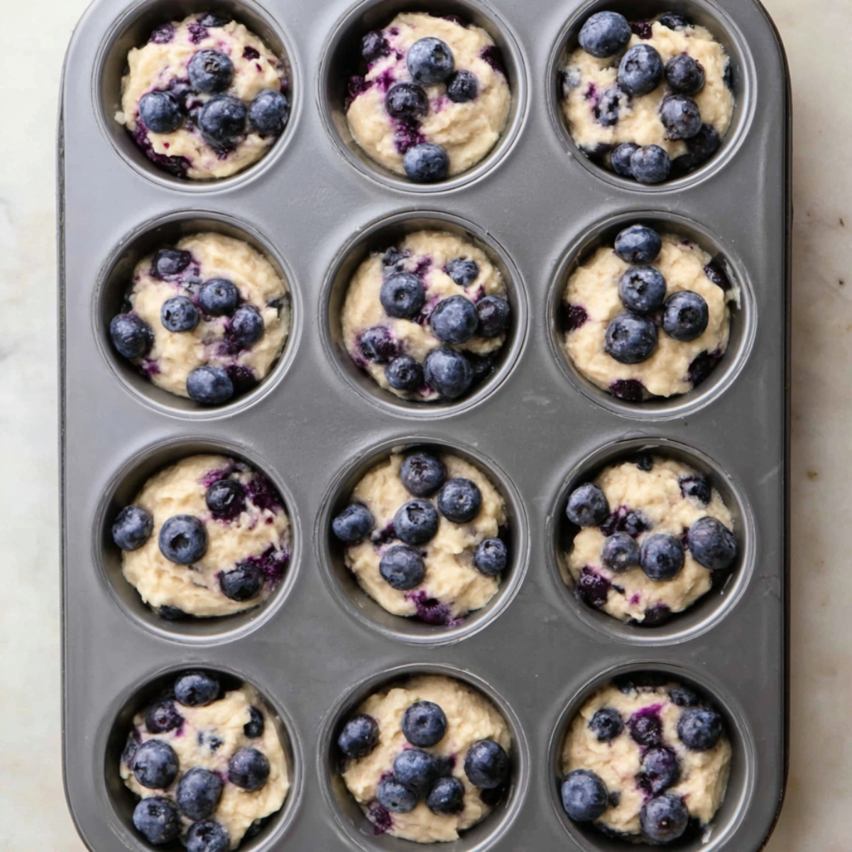 Easy Baked Blueberry Fritter Bites 11 Muffin tin filled with blueberry muffin batter, each cup generously topped with fresh blueberries, ready to be baked into fluffy muffins.