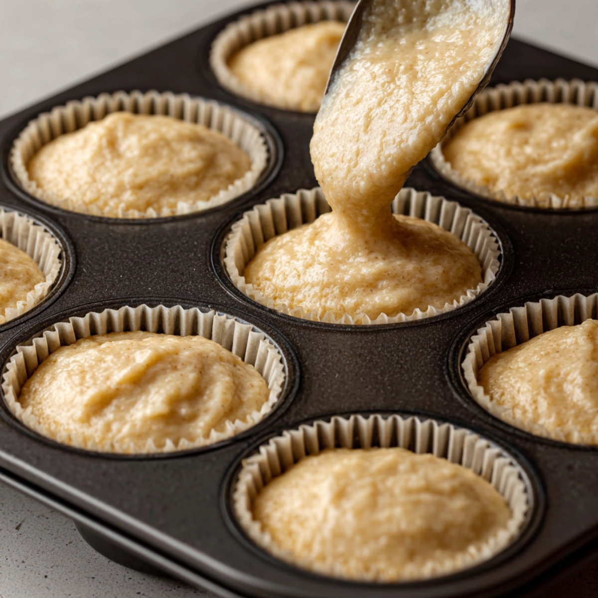 The Best Banana Cupcakes Recipe 11 Banana cupcake batter in a bowl, ready to be poured into muffin tins.