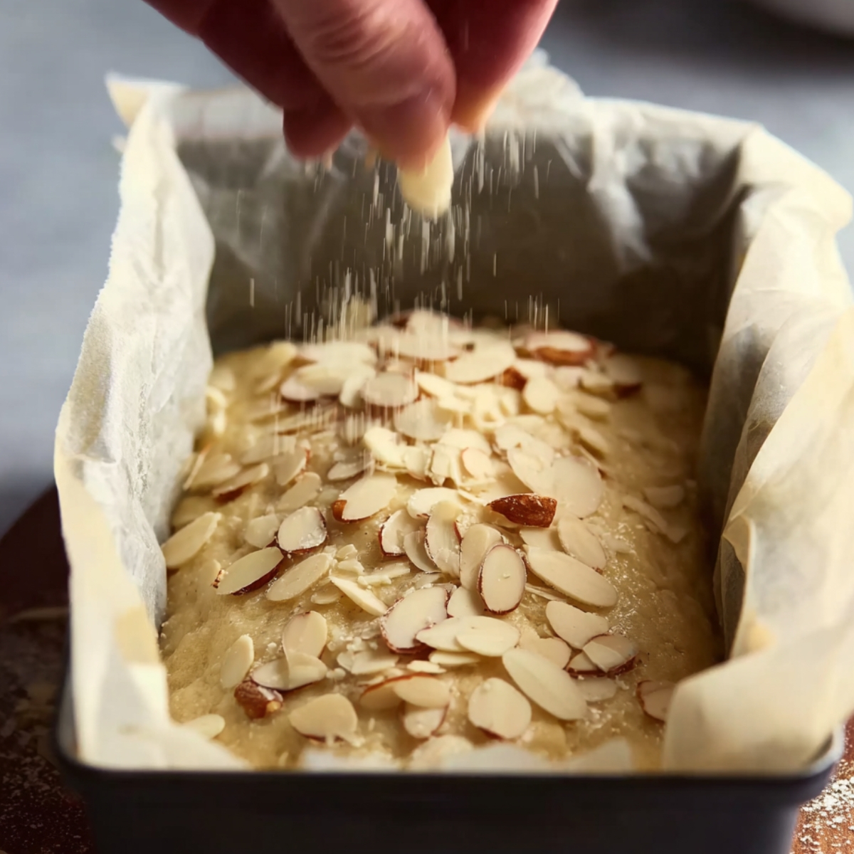 Easy Almond Pound Cake Recipe 12 A hand sprinkling slivered almonds over batter in a loaf pan, ready to be baked. The pan is lined with parchment paper, and the almonds are evenly scattered over the surface.