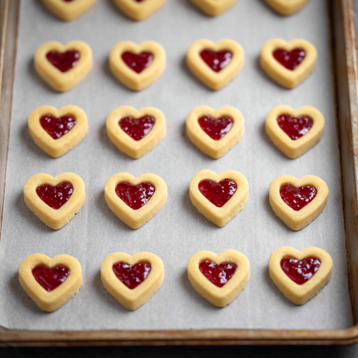 Easy Thumbprint Jam Cookies Recipe 11 A baking tray with heart-shaped thumbprint cookies filled with strawberry jam before baking.