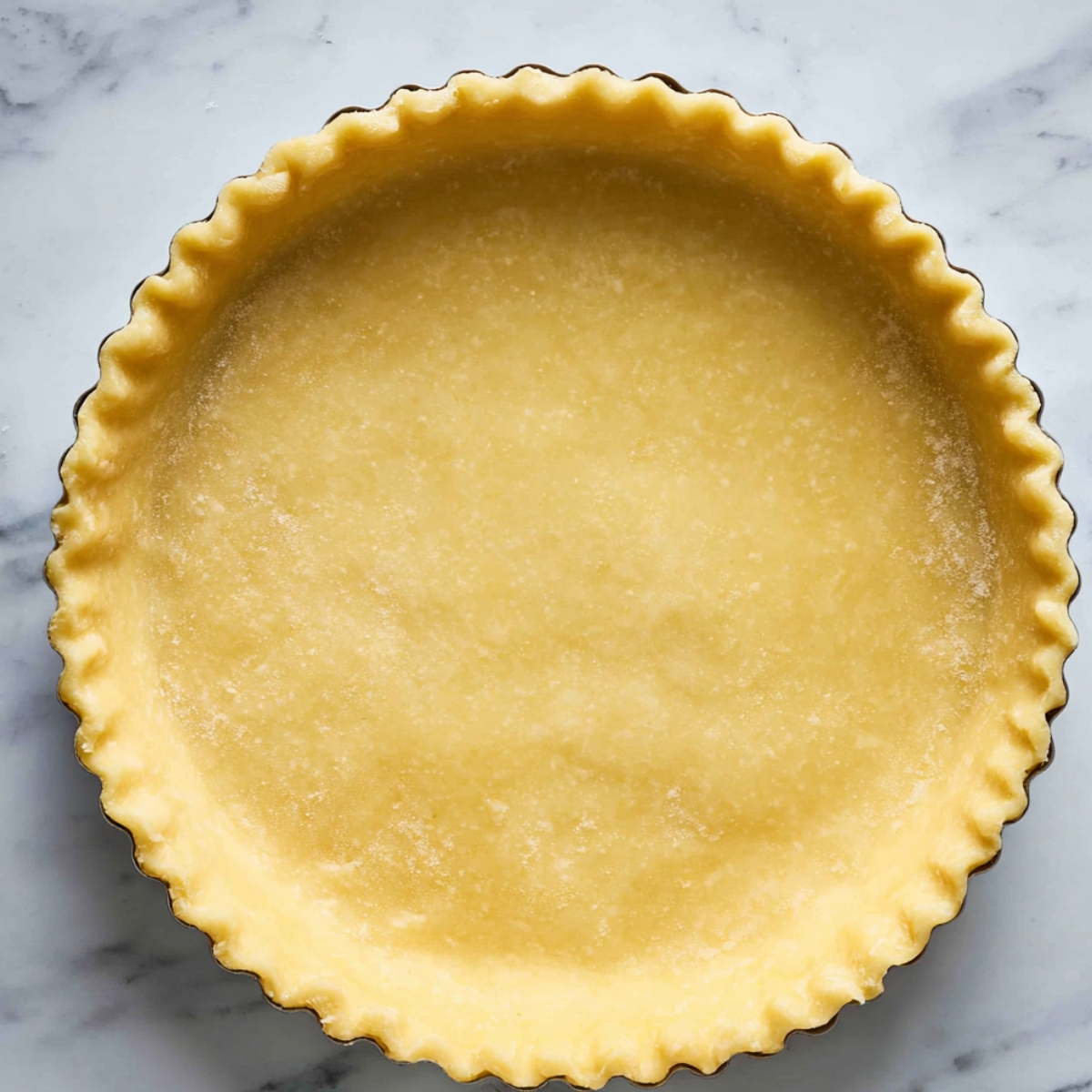 Best Greek Honey Pie Recipe 12 A perfectly pressed pie crust in a tart pan, ready for filling. The golden edges are neatly crimped, awaiting the next step in the pie-making process.