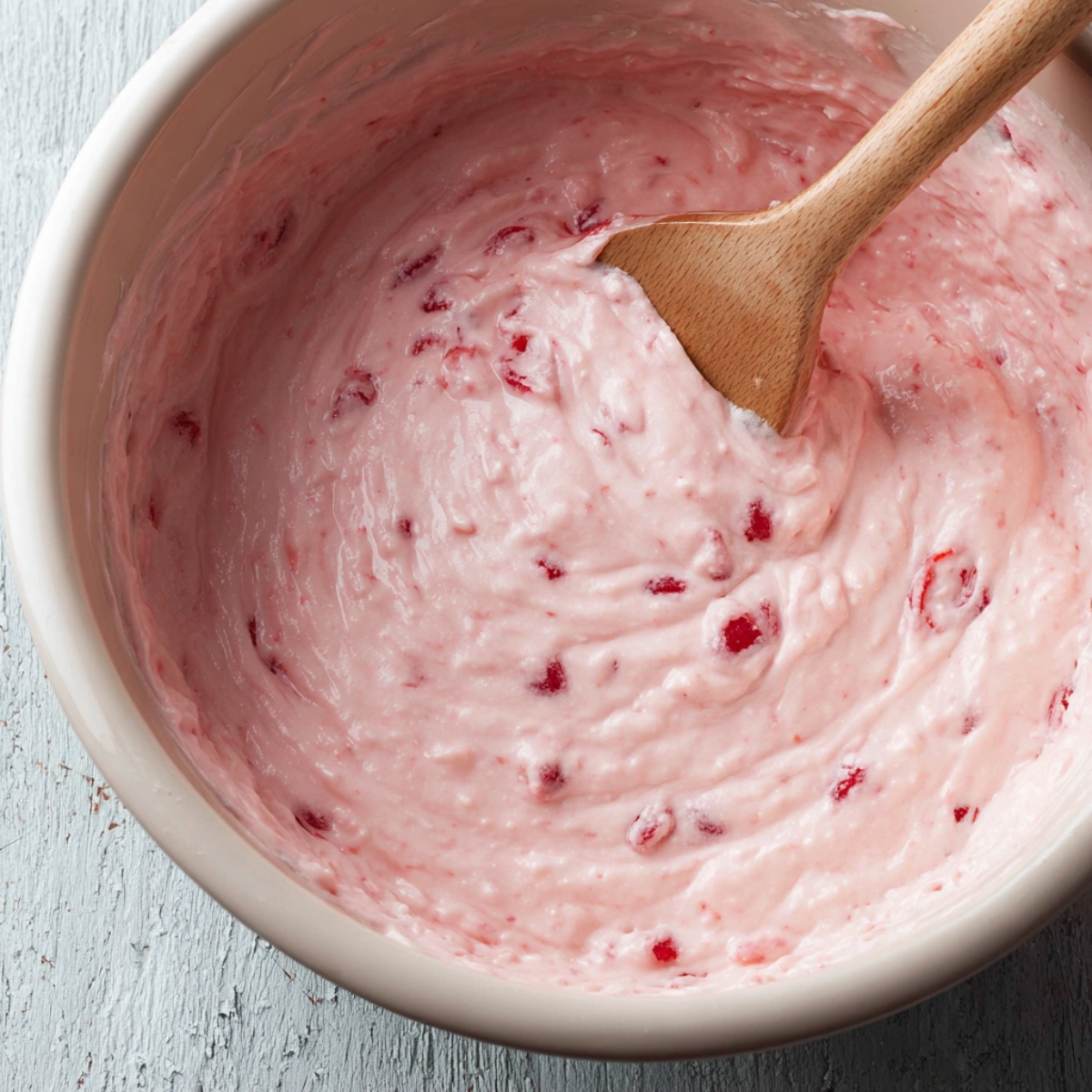 Easy Cherry Chip Cake Recipe 11 A bowl of cherry chip cake batter with small cherry pieces mixed in.