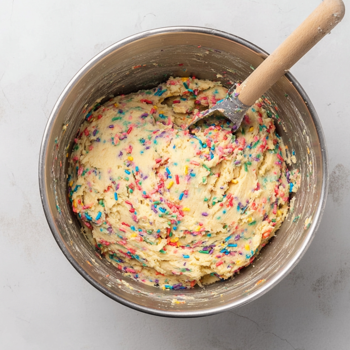Funfetti Cookie Sandwiches Recipe 10 A stainless steel bowl with cookie dough mixed with vibrant rainbow sprinkles, ready to be baked into Funfetti cookies.