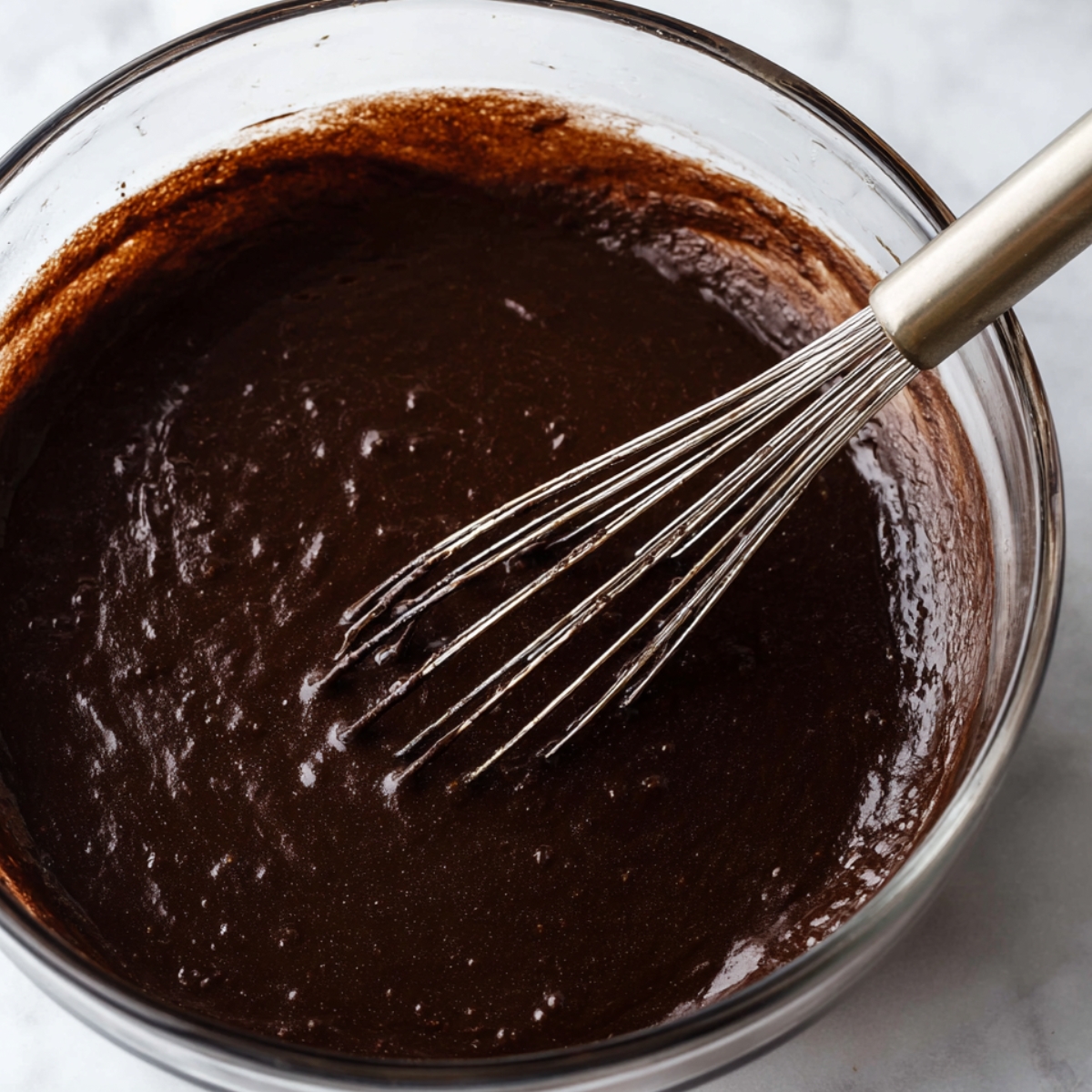 Best Guinness Chocolate Brownies Recipe 11 A close-up of brownie batter being folded with a spatula, incorporating dry ingredients into the wet mixture. The batter is thick and dark.