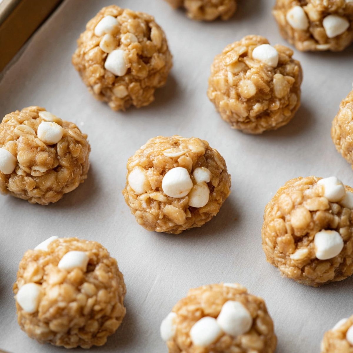 Brown Butter Marshmallow Crispy Cookies 12 Close-up of small, round cookie dough balls made with marshmallow crispy mixture, placed neatly on a parchment-lined baking tray, ready for baking.