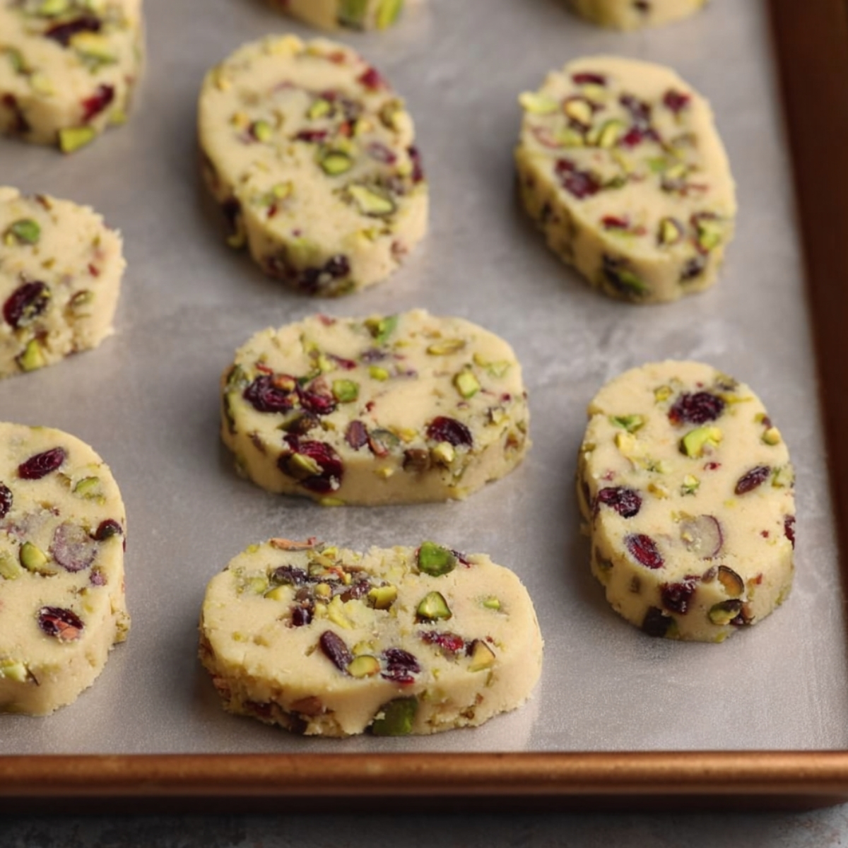 Cranberry Pistachio Shortbread Cookies 11 Dough shaped into slices and placed on a parchment-lined baking sheet, filled with pistachios and cranberries.