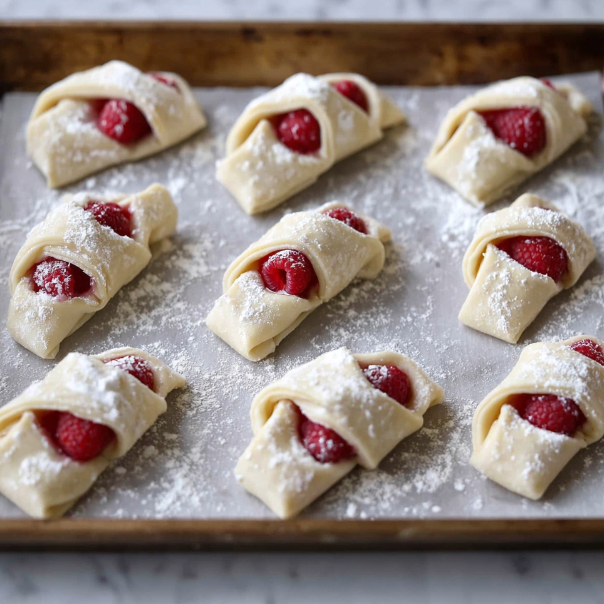 Easy Raspberry Danish Recipe 12 Unbaked raspberry Danish pastries filled with fresh raspberries and dusted with powdered sugar, arranged on a baking tray lined with parchment paper.