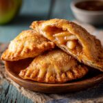Fried apple pies on a plate with gooey filling.