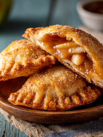 Easy Homemade Fried Apple Pies 1 Fried apple pies on a plate with gooey filling.