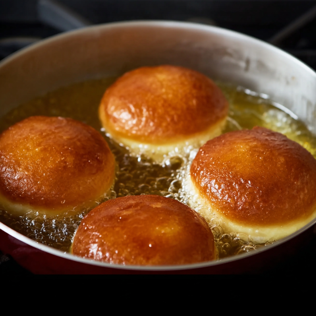 Homemade Bavarian Cream Donuts 12 Donuts frying in hot oil, golden brown and bubbling with the crispiness forming.