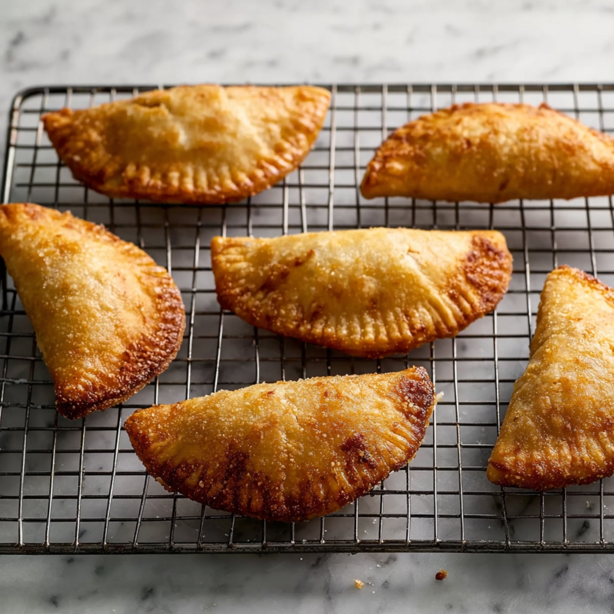 Easy Homemade Fried Apple Pies 12 Golden fried apple pies cooling on a rack.