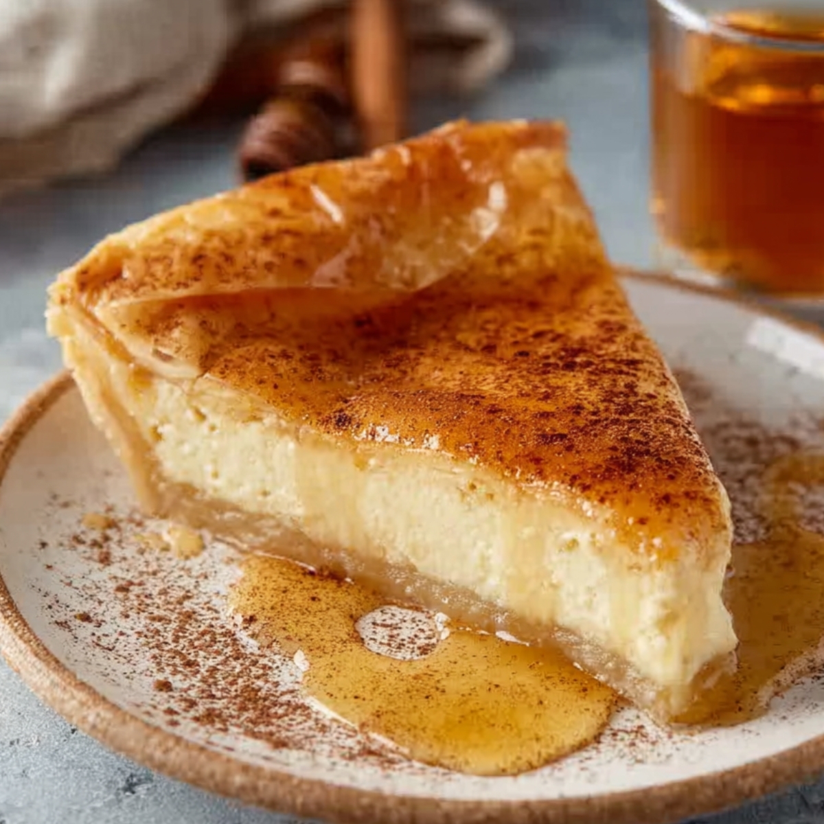 A close-up of a slice of Greek honey pie on a plate, drizzled with honey and sprinkled with cinnamon, with a small glass of honey next to it.