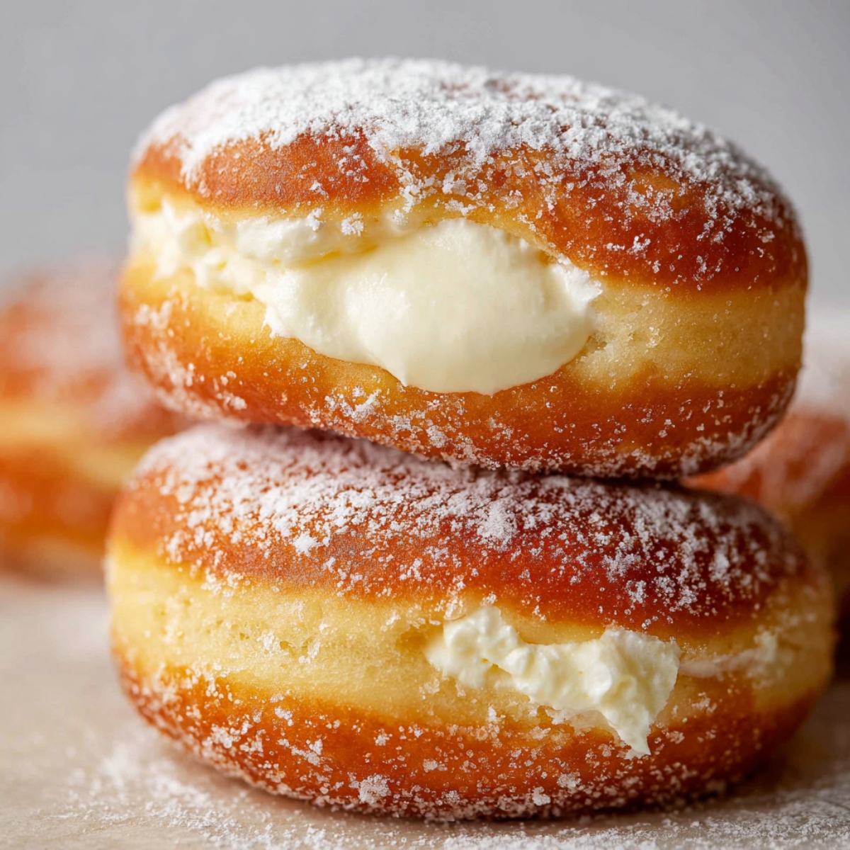 Homemade Bavarian Cream Donuts 9 A stack of sugar-coated Homemade Bavarian Cream Donuts, with a generous filling of cream peeking through the center.