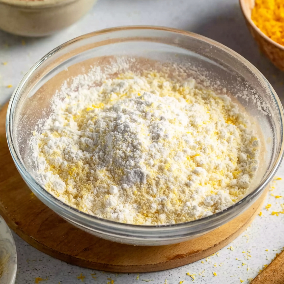 The Best Mimosa Cupcakes Recipe 10 A close-up shot of a bowl filled with flour, cornstarch, and orange zest, used for making mimosa cupcakes.
