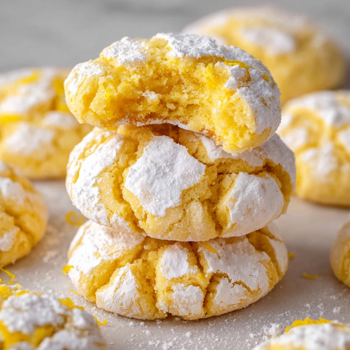 Stacked Lemon Crinkle Cookies with a bite taken out of the top one, showcasing their cracked and sugar-coated exterior with a soft, fluffy interior.
