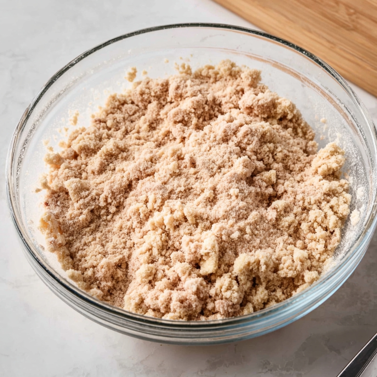 Easy Dutch Apple Pie Recipe 11 A glass bowl filled with crumbly streusel topping for Dutch apple pie, made of flour, sugar, and butter. The mixture is perfectly crumbled and ready to be sprinkled over the pie.