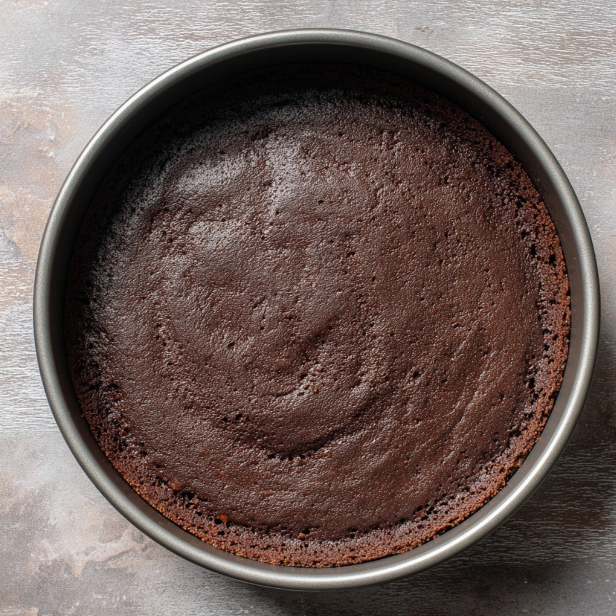 Easy German Chocolate Cheesecake Recipe 10 A baked chocolate crust for a cheesecake, showing a smooth, even surface.