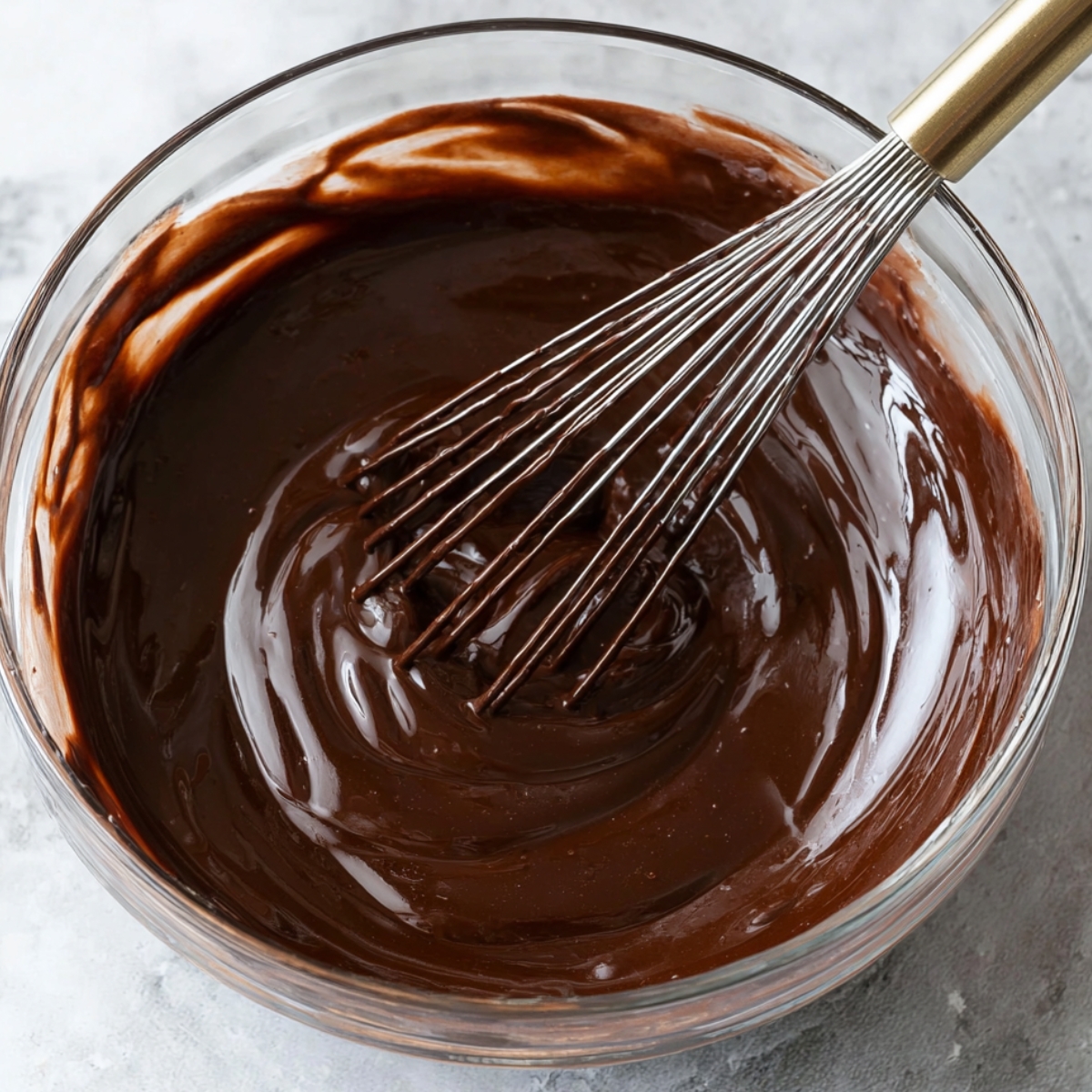 Best Guinness Chocolate Brownies Recipe 13 A smooth, glossy chocolate ganache in a glass bowl with a whisk resting inside, showing a rich, dark chocolate color, ready to be used for frosting or glazing.