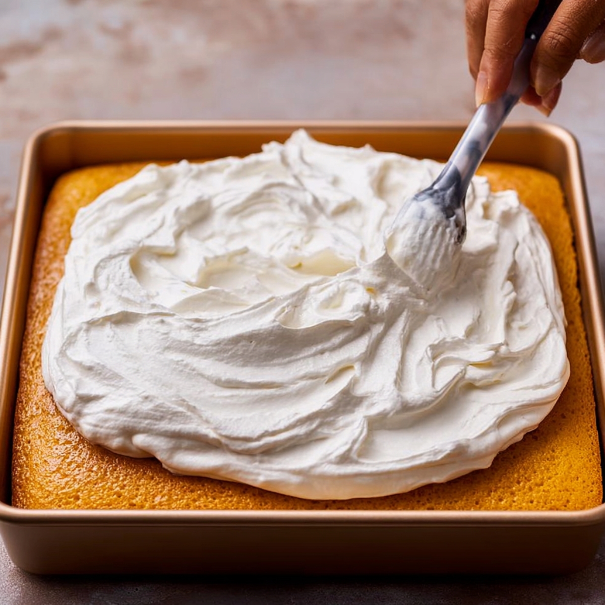 The Best Tres Leches Cake Recipe 11 Spreading whipped cream onto a freshly baked cake, creating a smooth, fluffy topping for a Tres Leches Cake.