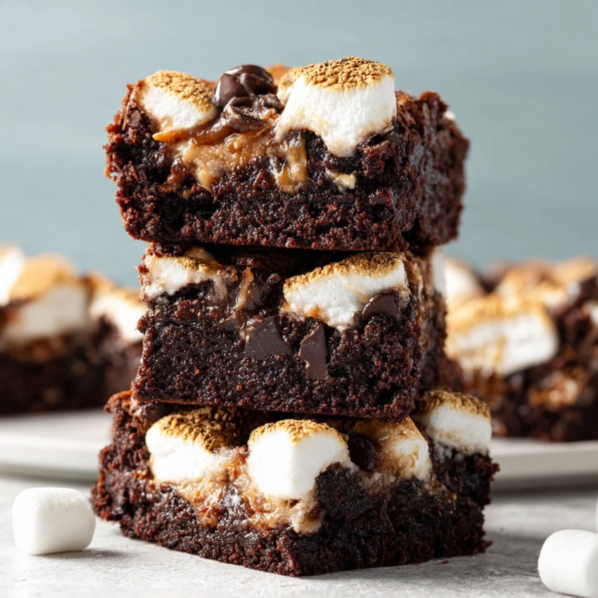 Easy Marshmallow Swirl Brownies Recipe 9 A stack of marshmallow brownies with gooey marshmallow and melted chocolate chips inside, topped with toasted marshmallows.