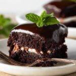 A delicious slice of mint chocolate cake with a glossy chocolate ganache topping, fresh mint garnish, and a visible creamy filling.