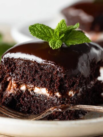 Easy Mint Chocolate Cake Recipe 2 A delicious slice of mint chocolate cake with a glossy chocolate ganache topping, fresh mint garnish, and a visible creamy filling.
