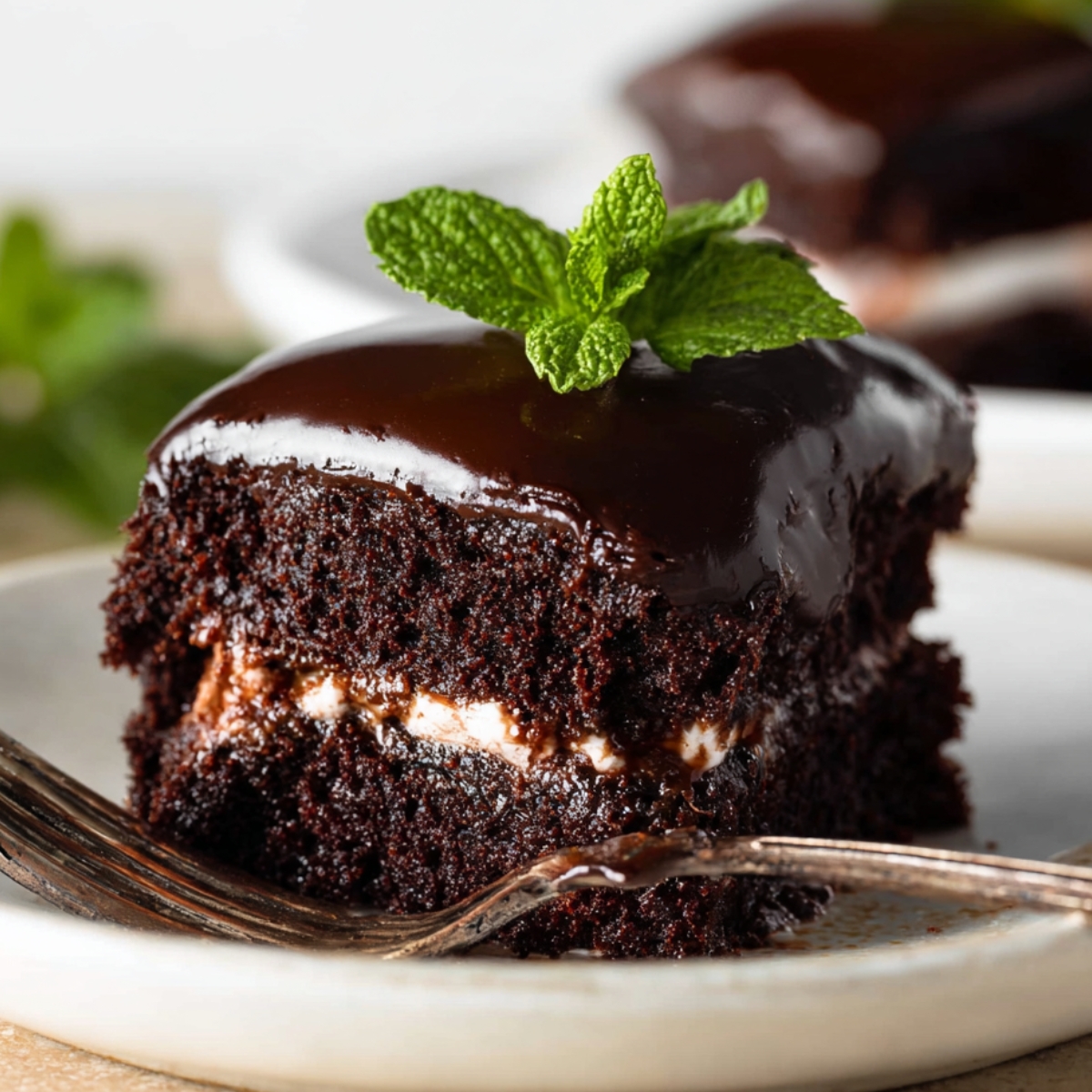 A delicious slice of mint chocolate cake with a glossy chocolate ganache topping, fresh mint garnish, and a visible creamy filling.