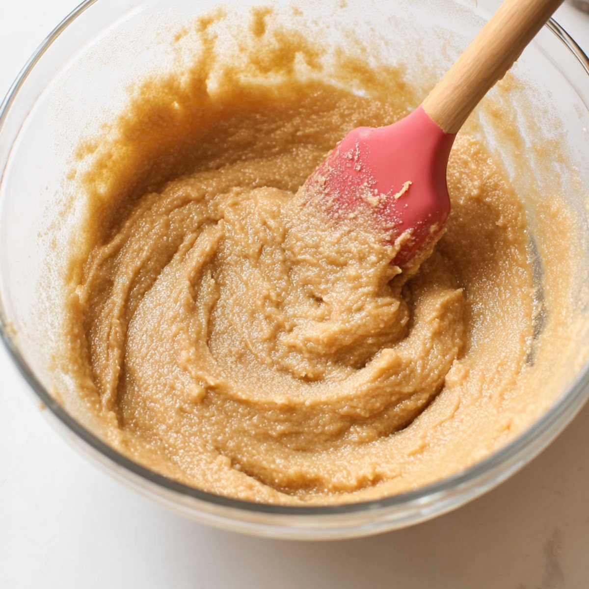 Easy Ube Crinkle Cookies Recipe 10 Ube Crinkle Cookie dough being mixed with butter and sugars, forming a smooth and creamy base before rolling and baking.