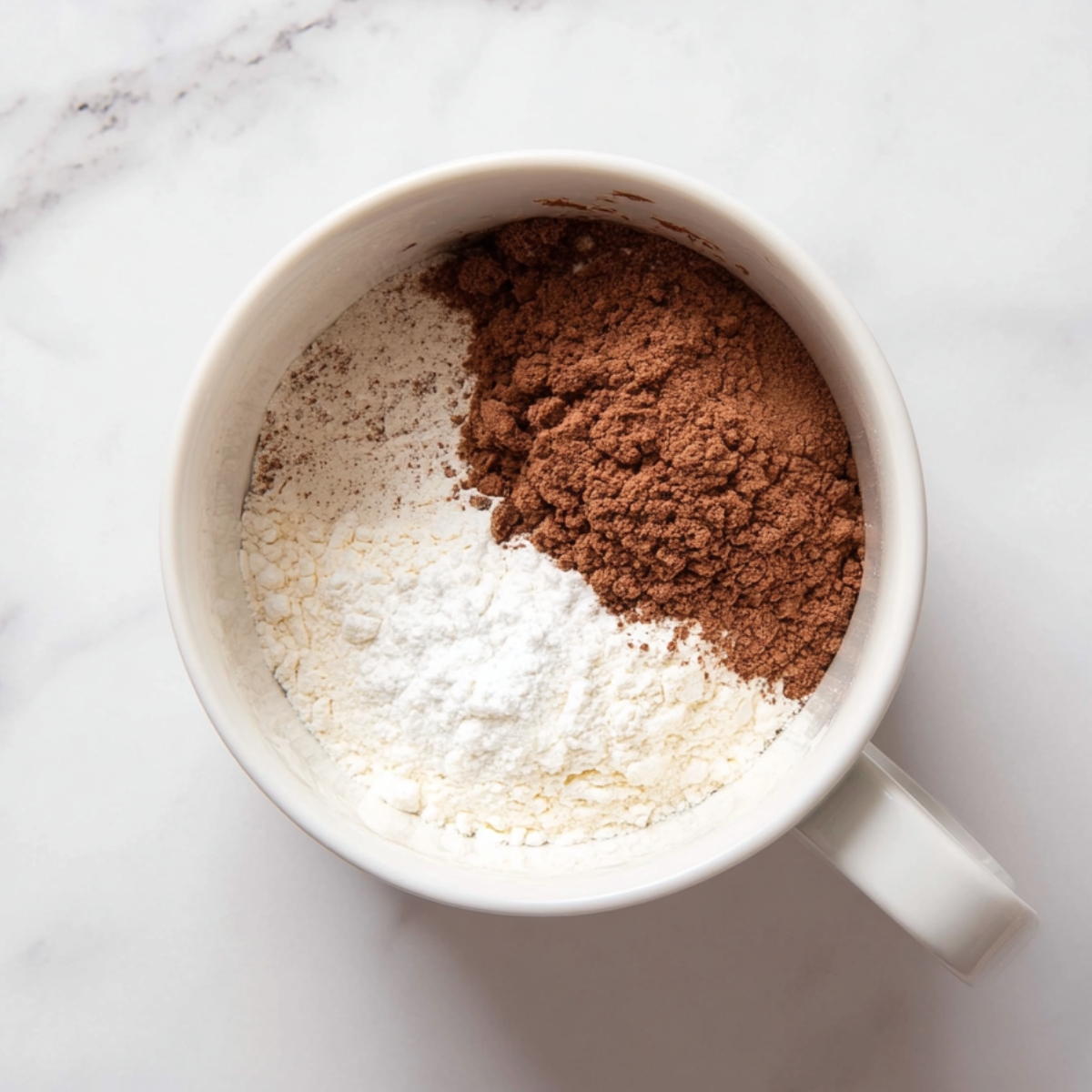 Best Chocolate Mug Cake Recipe 10 Mixing dry ingredients such as cocoa powder and flour for the base of a chocolate mug cake, creating the foundation for a delicious, microwave-friendly dessert.