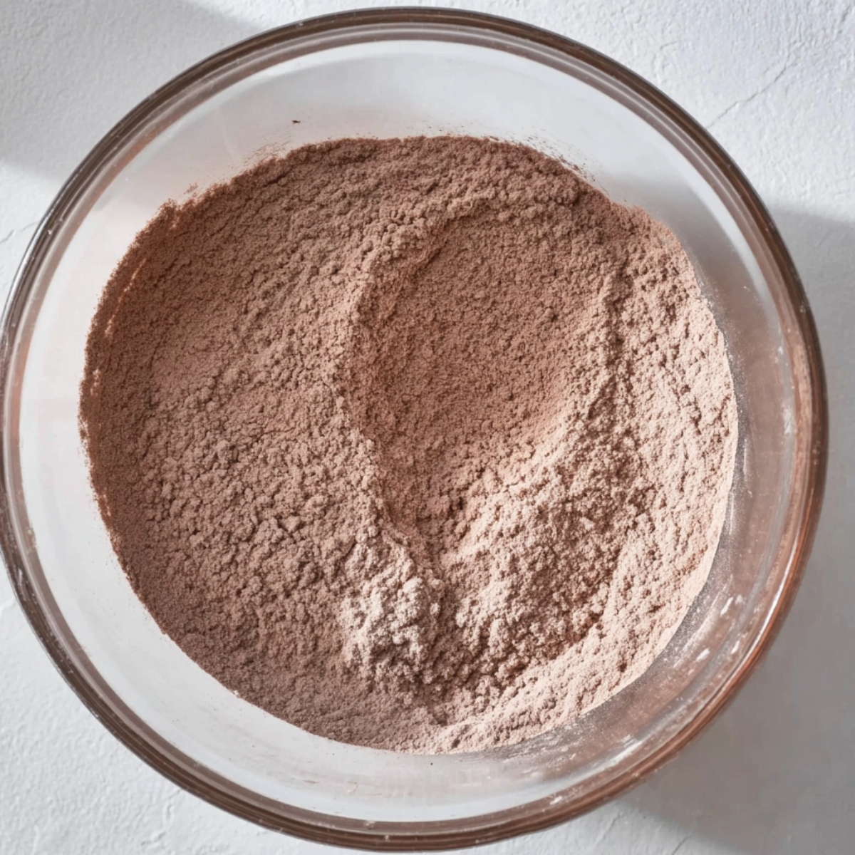 Moist Chocolate Coconut Cupcakes Recipe 10 A glass bowl filled with sifted dry ingredients, including flour and cocoa powder, creating a smooth and powdery texture in preparation for baking.