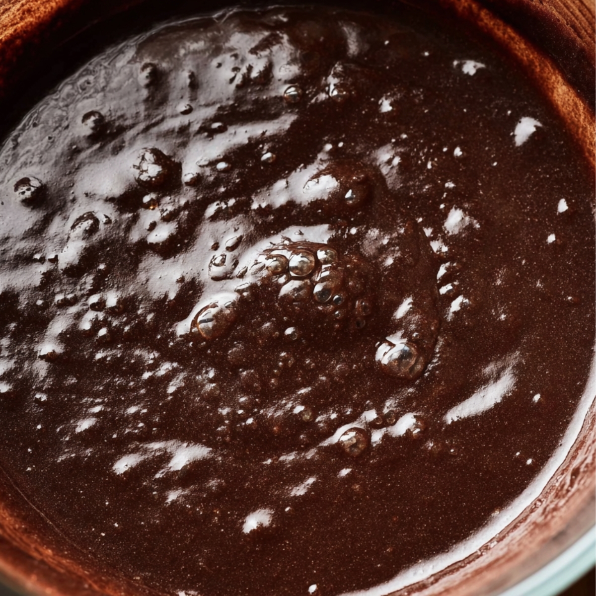 Fudgy Small Batch Brownies Recipe 10 Thick, glossy chocolate batter in a glass mixing bowl, with air bubbles forming on the surface as it’s being prepared.