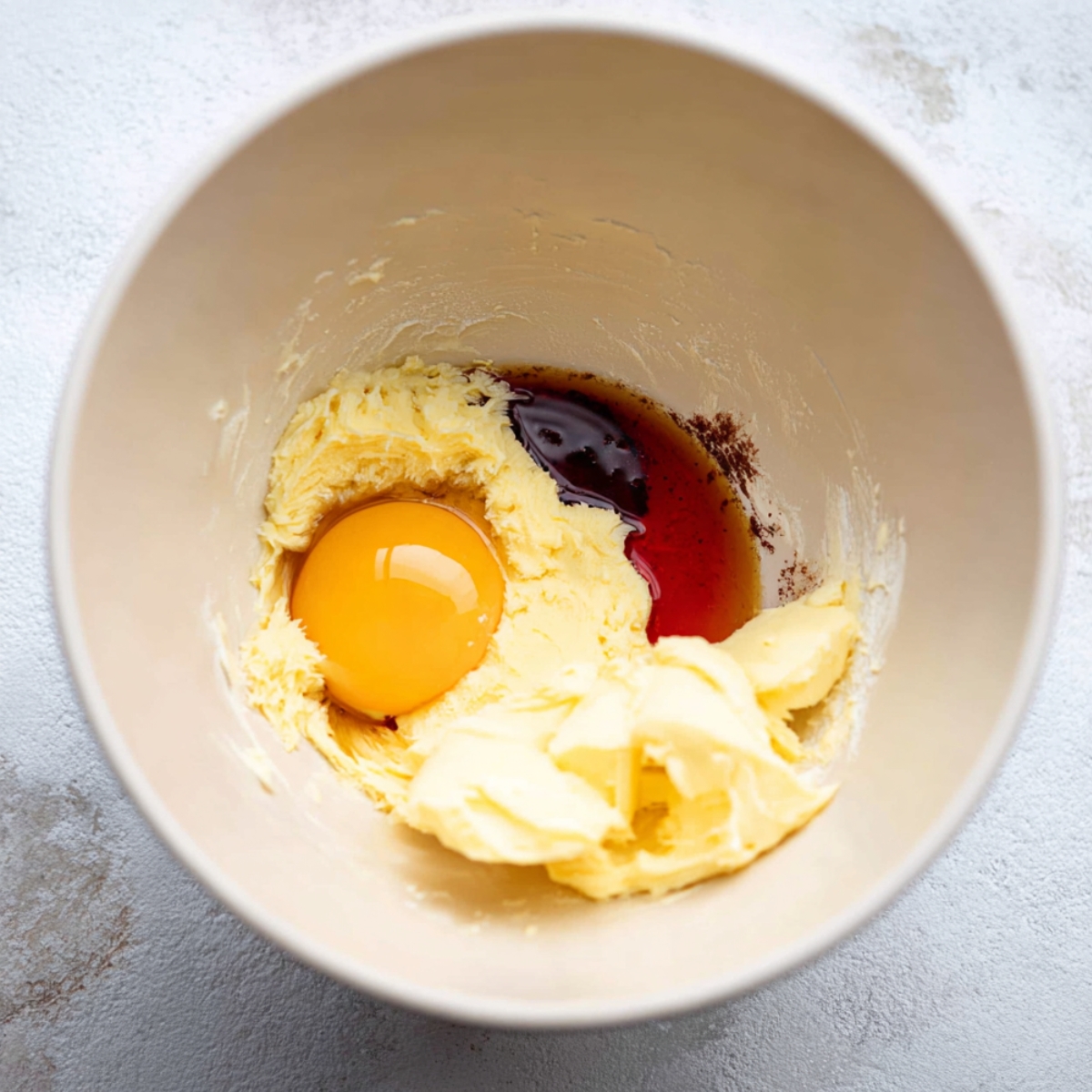Easy Thumbprint Jam Cookies Recipe 10 A mixing bowl containing butter, an egg, and vanilla extract, ready to be mixed together for baking.