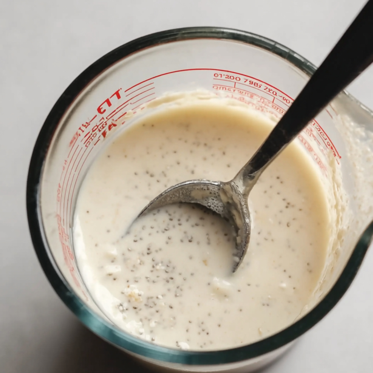 Easy Vanilla Overnight Oats Recipe 10 A spoon stirring a creamy mixture of milk and vanilla extract, ready to be combined with oats and chia seeds for overnight oats.