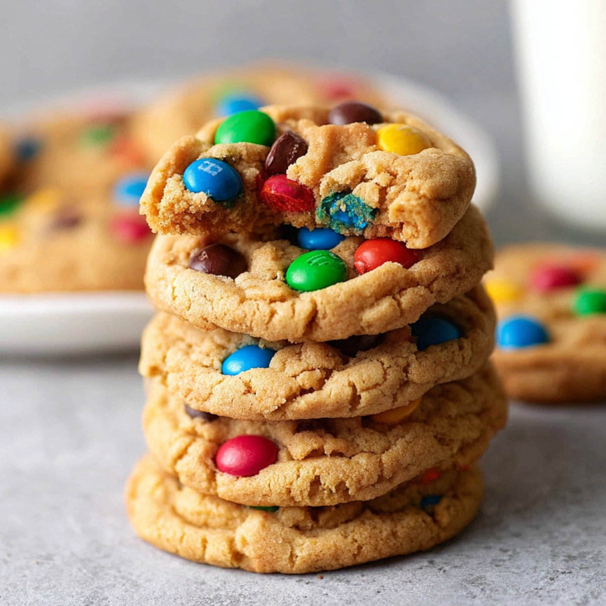 Soft Peanut Butter M&M Cookies Recipe 9 Freshly baked Peanut Butter M&M Cookies stacked high on a plate, with one cookie broken to reveal its soft, gooey center.
