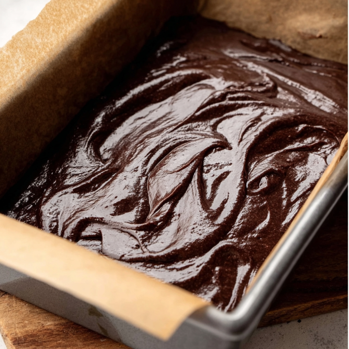 Fudgy Small Batch Brownies Recipe 11 Rich, smooth chocolate brownie batter spread evenly in a parchment-lined baking pan, with a glossy surface showing gentle swirls.