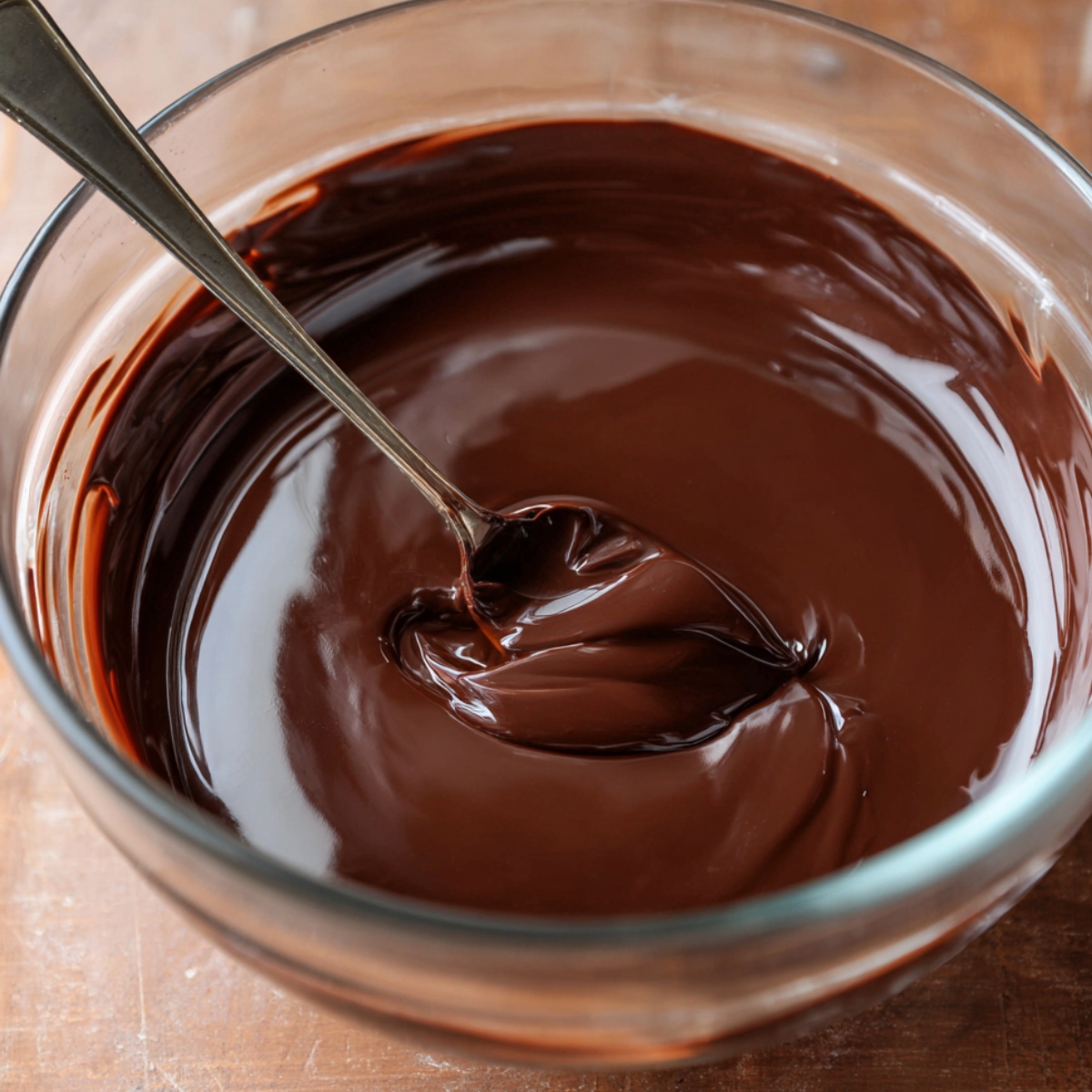 Easy German Chocolate Cheesecake Recipe 11 A glass bowl filled with melted dark chocolate, stirred with a spoon.