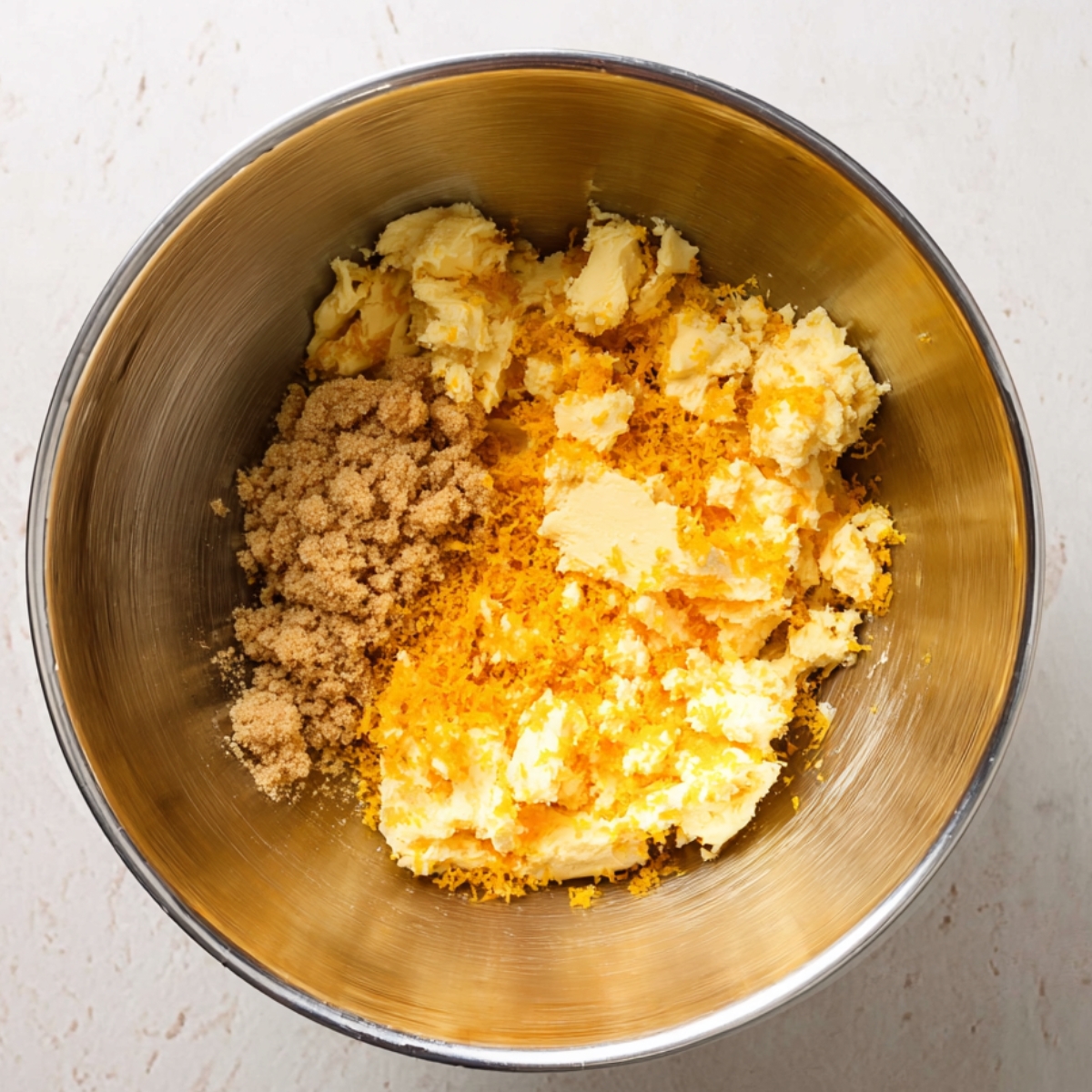 Homemade Orange Rolls Recipe 11 A bowl with softened butter, brown sugar, and orange zest, ready to be mixed into a flavorful filling for sweet rolls.