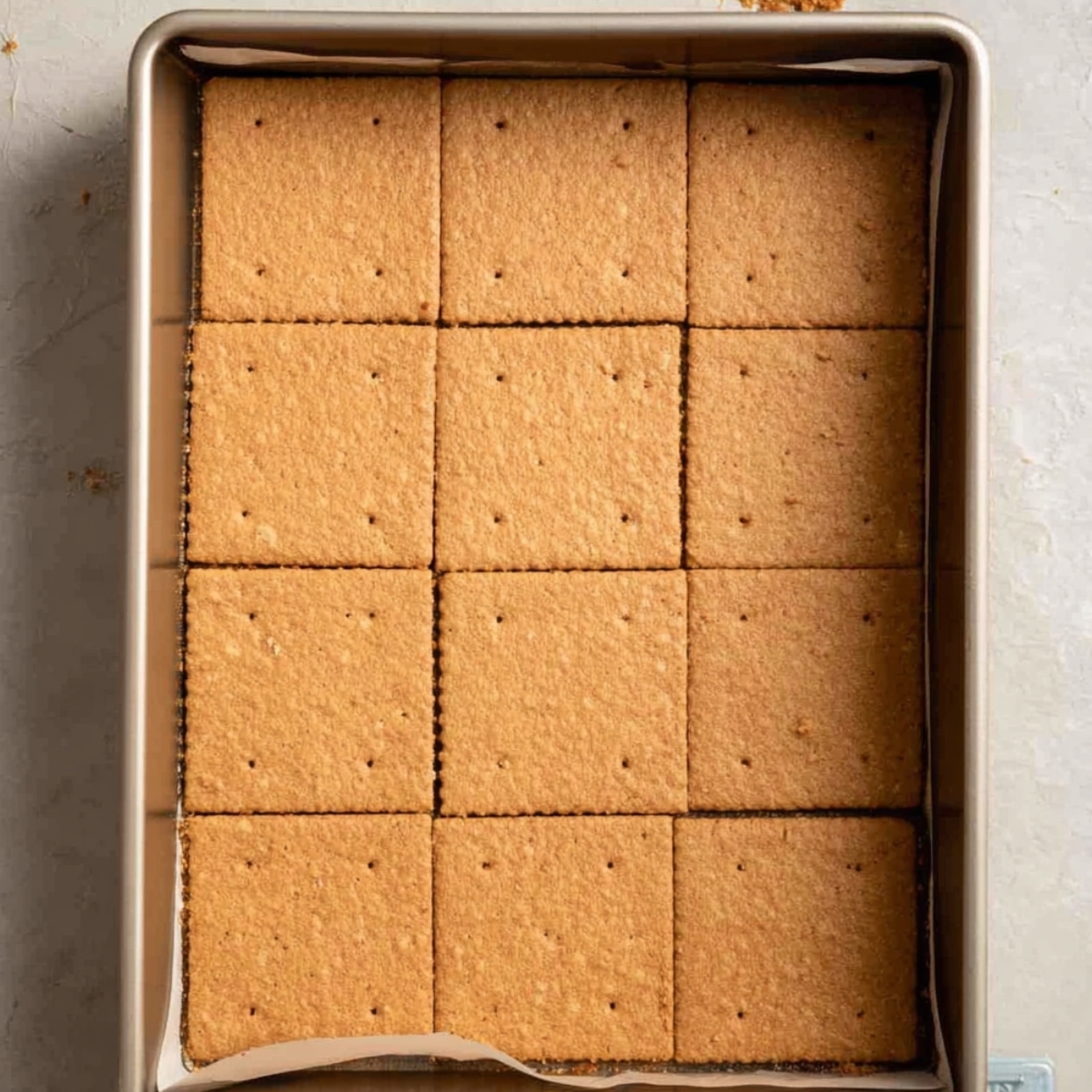 Fudgy S'mores Brownies Recipe 10 Neatly arranged graham cracker squares in a baking pan, ready to be used as a crust base for a dessert.