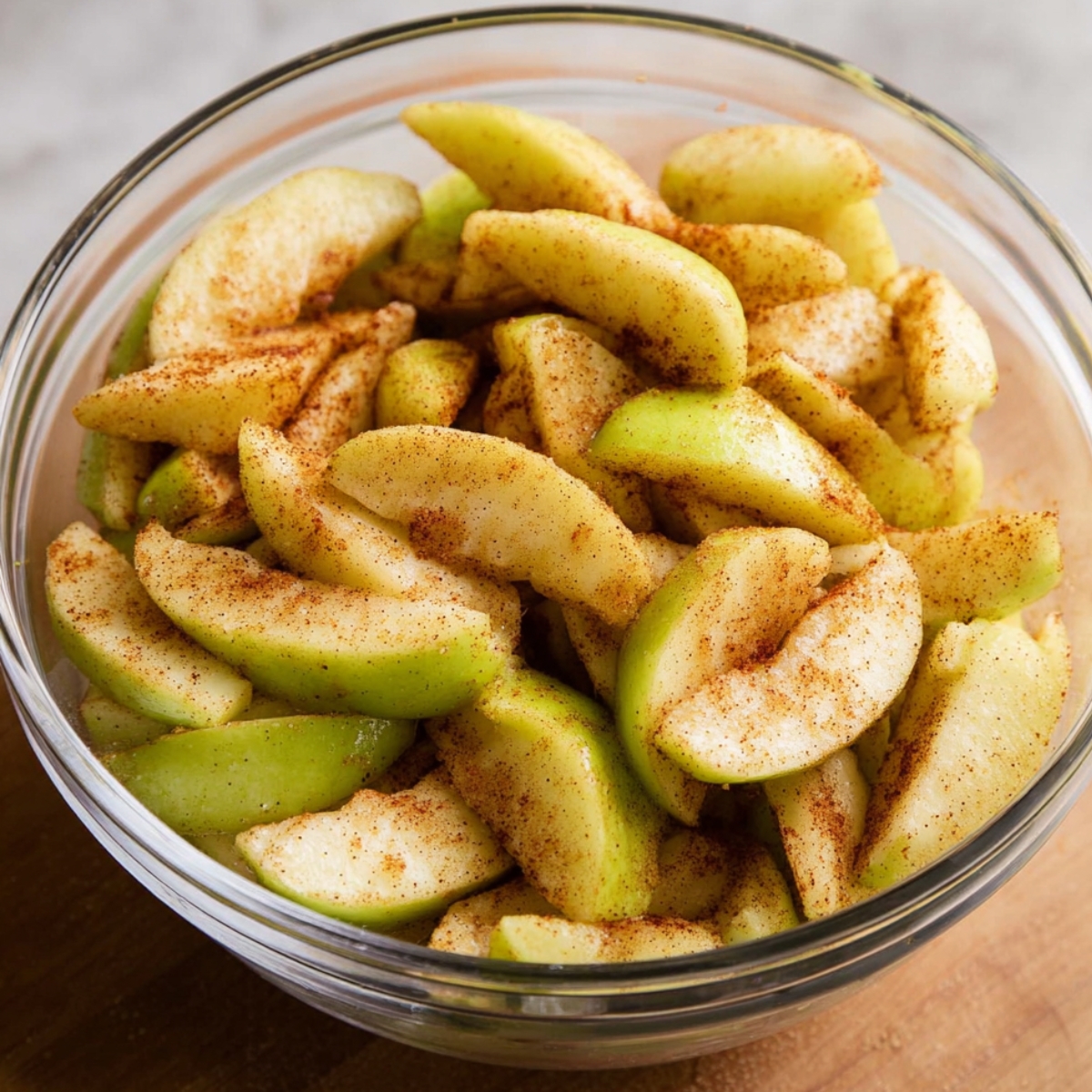 Easy Dutch Apple Pie Recipe 10 Sliced green apples coated in cinnamon and sugar, ready to be used for the filling of a Dutch apple pie.